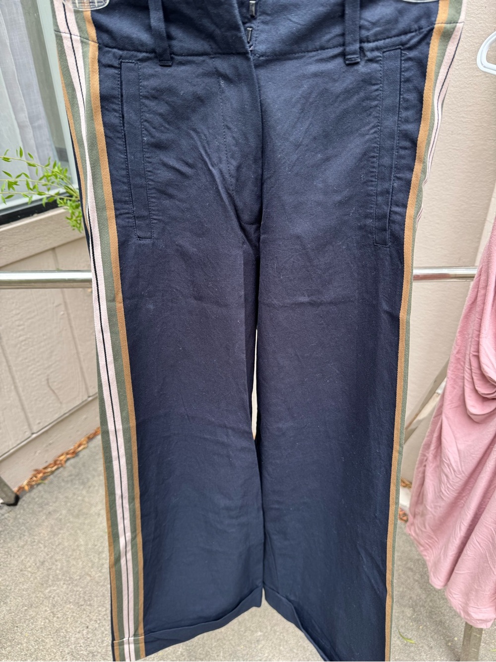 Paul & Joe Navy Chinos with Olive and Cream Side Stripes